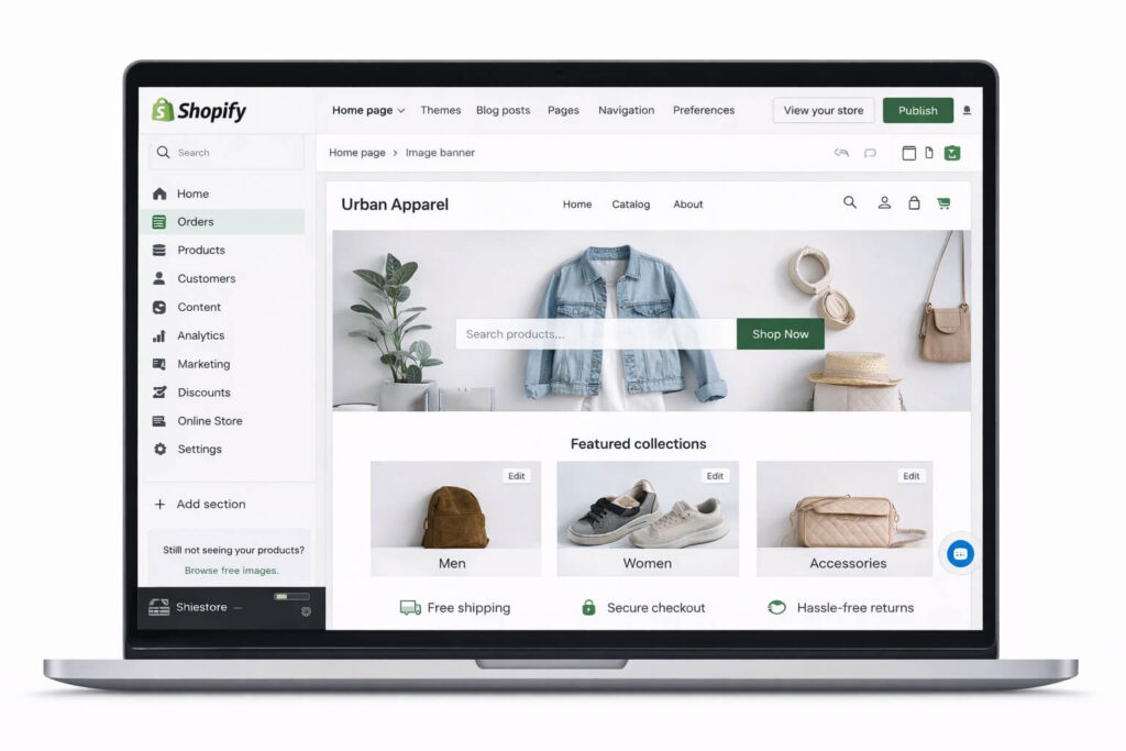 Shopify website editor on laptop – eCommerce store builder dashboard