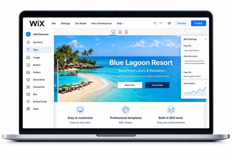 Wix website editor op laptop – drag and drop builder interface