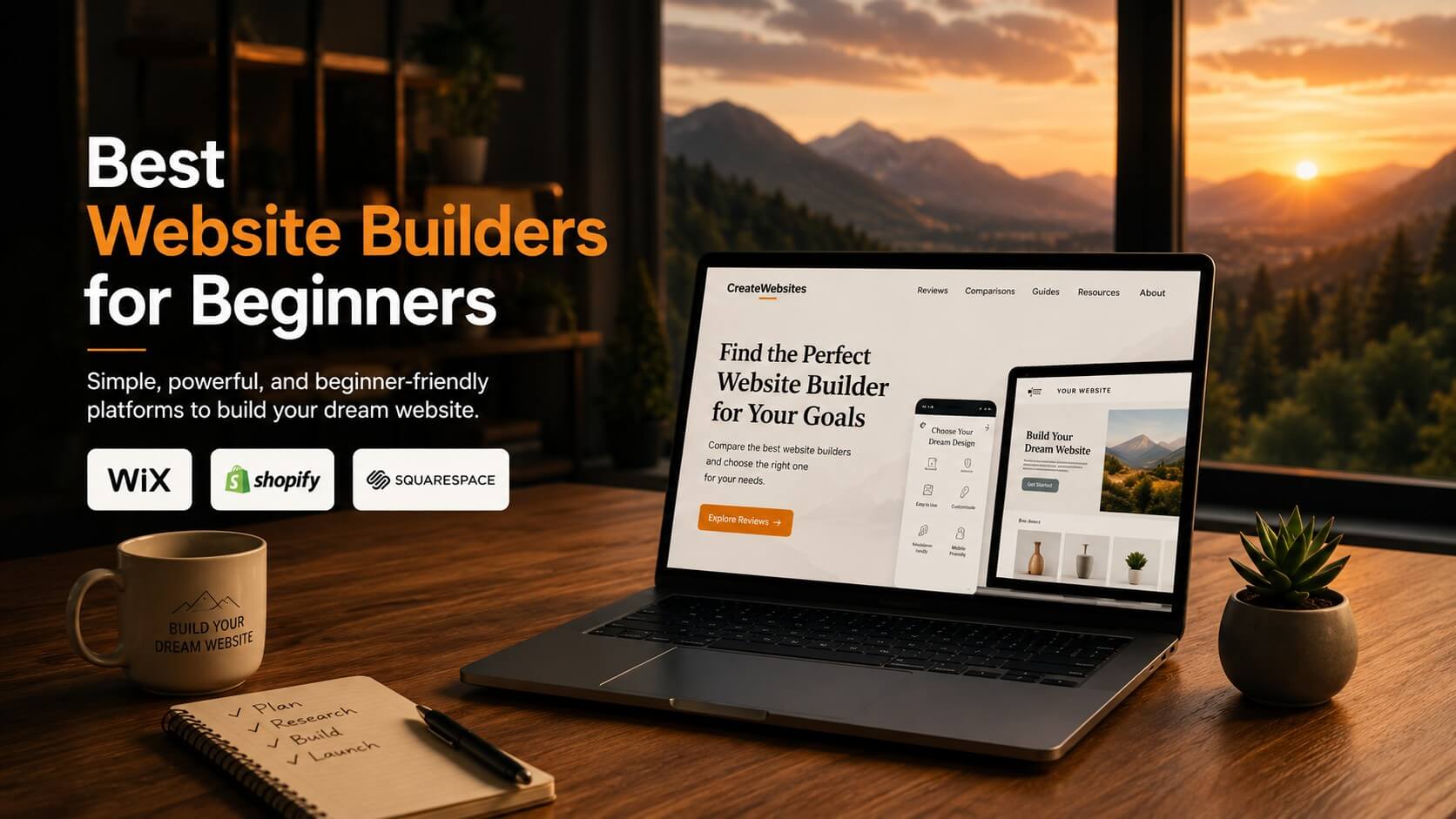 Beginner-friendly website builder workspace with laptop and modern website design setup