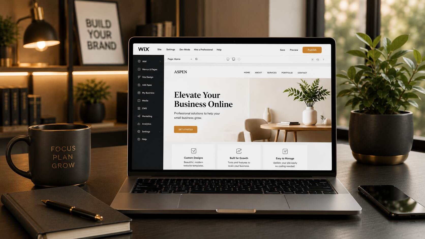 Modern small business workspace with laptop showing a website builder dashboard in a premium office setting