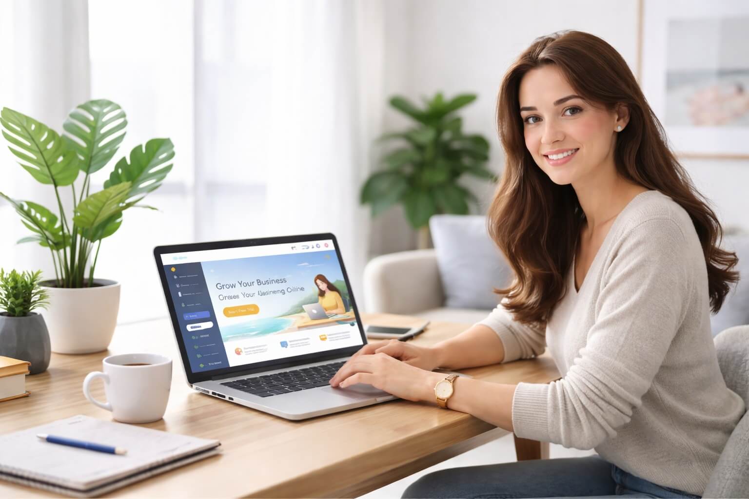 Woman working on a laptop while building a website from home
